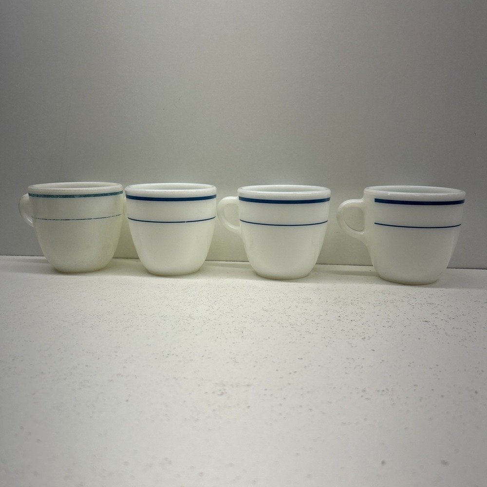 Set of 4 Vintage PYREX Milk Glass Cups Blue Stripe 7 oz Coffee Tea Tableware